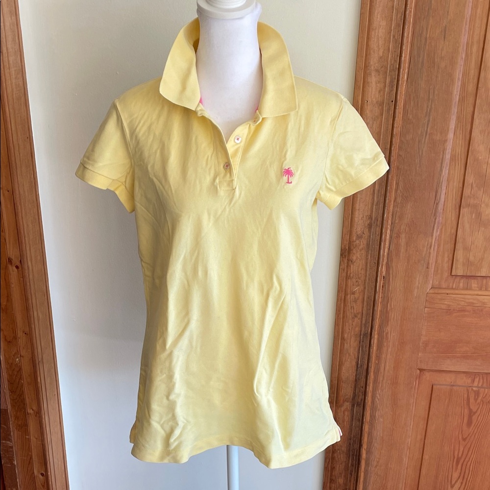 LILLY PULITZER Island Polo Shirt Yellow with Pink Accents Medium